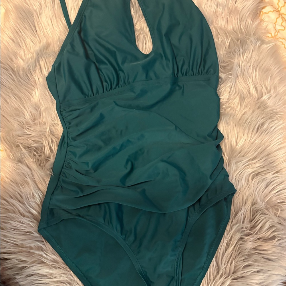 Ellen Tracy Blue One Piece Swimsuit with Halter Neckline